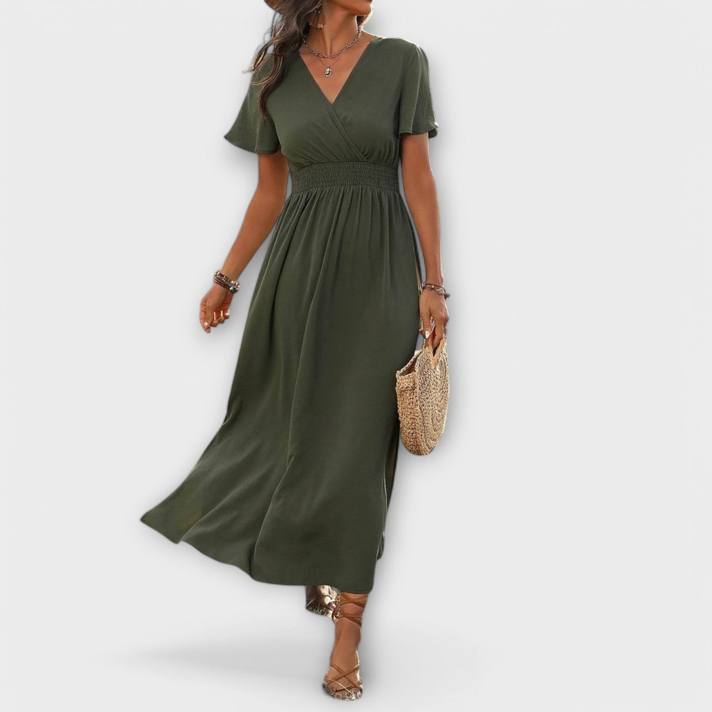 Vestido bohemio elegante con cuello en V y mangas largas