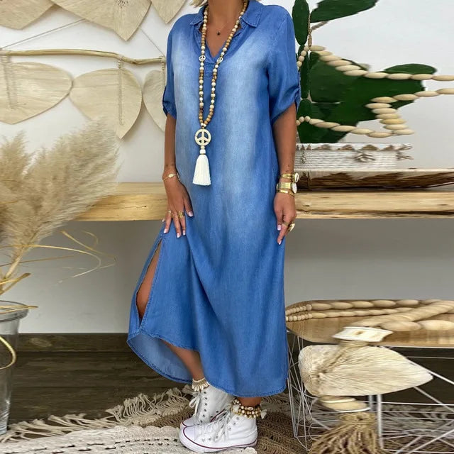 Lea™ | Vestido largo estilo vaquero con aberturas en los lados