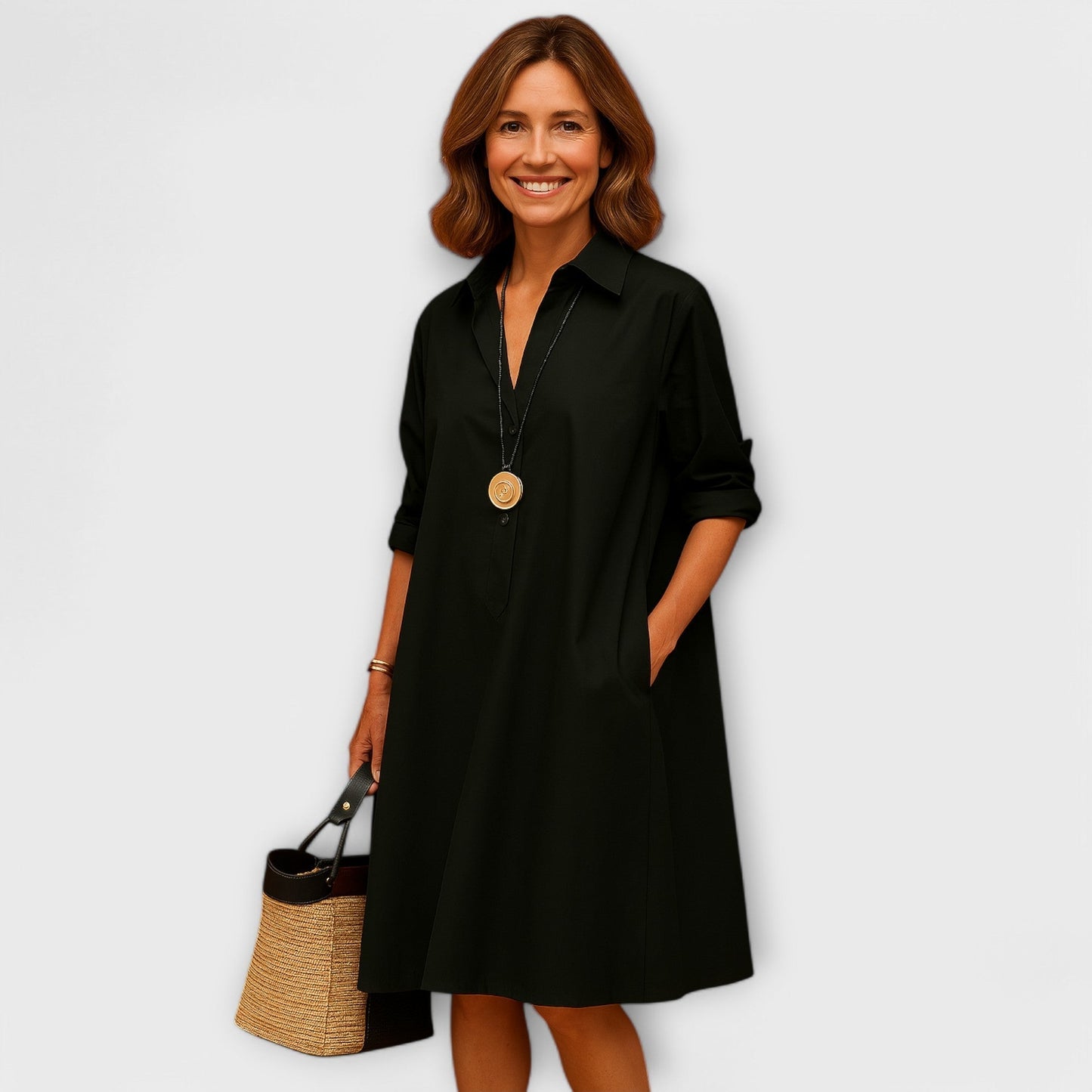 Vestido de camisa moderno con cuello y mangas 3/4