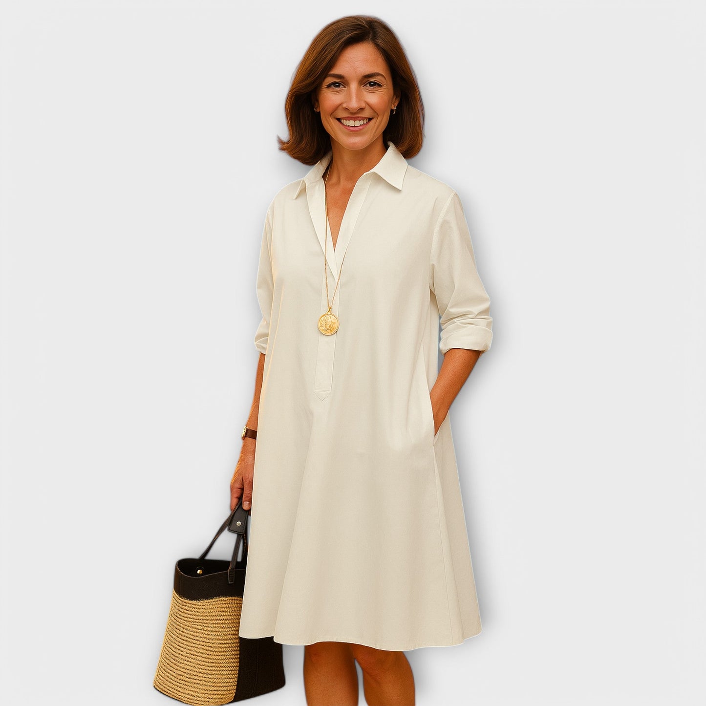 Vestido de camisa moderno con cuello y mangas 3/4