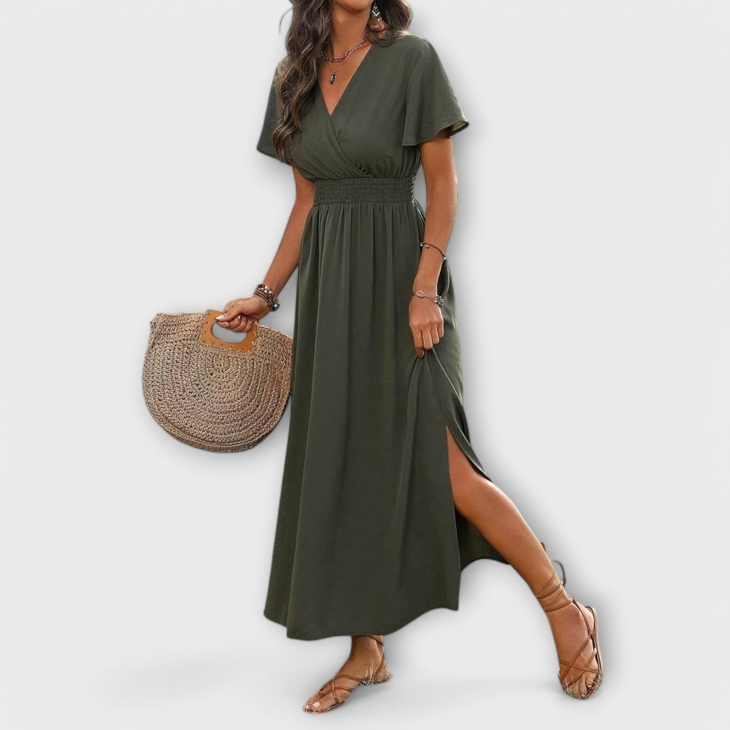Vestido bohemio elegante con cuello en V y mangas largas
