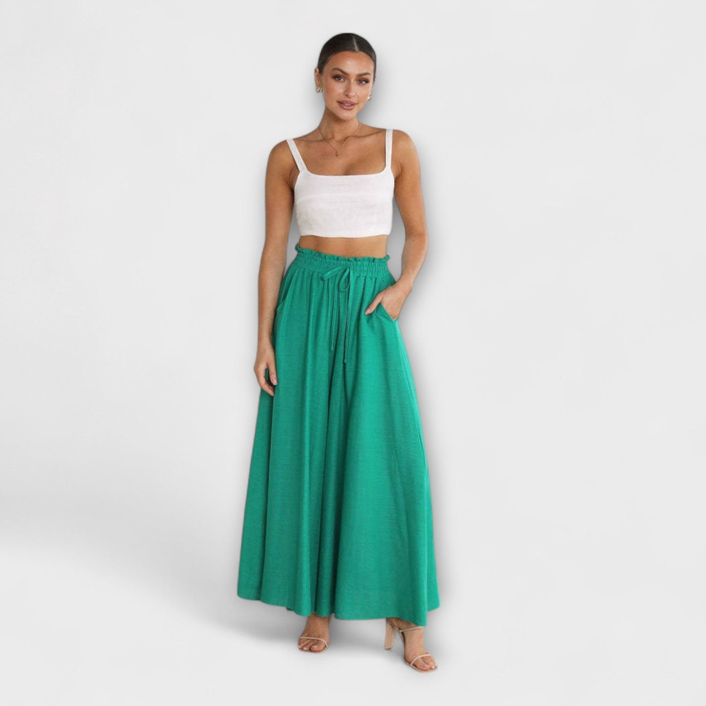 Pantalones de lino cómodos con cintura alta y pierna ancha