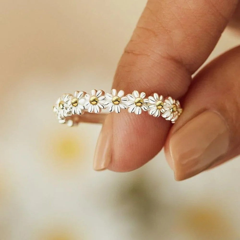 Anillo de plata ajustable con flor pintada a mano