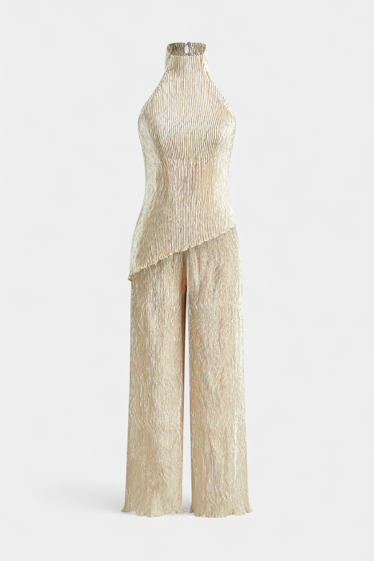 Conjunto Pillarica elegante con top asimétrico y pantalones fluidos