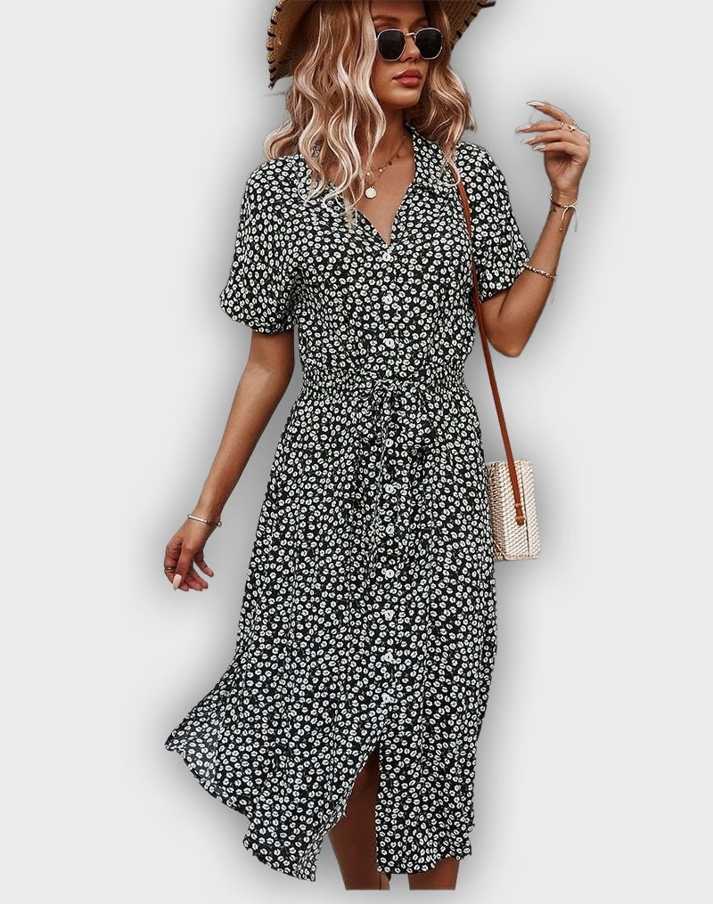 Vestido de verano midi casual con cintura ajustable y diseño floral