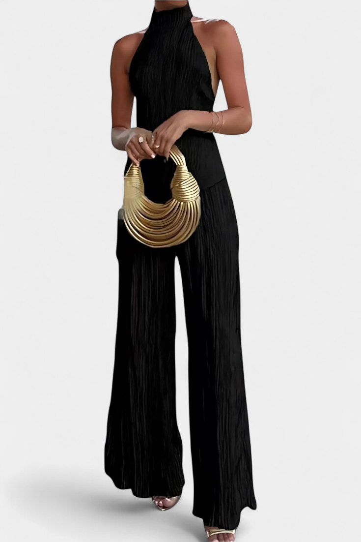 Conjunto Pillarica elegante con top asimétrico y pantalones fluidos