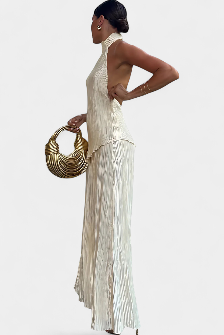 Conjunto Pillarica elegante con top asimétrico y pantalones fluidos