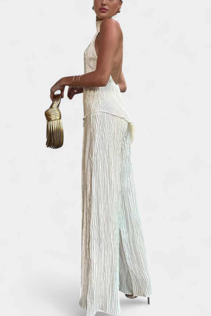 Conjunto Pillarica elegante con top asimétrico y pantalones fluidos