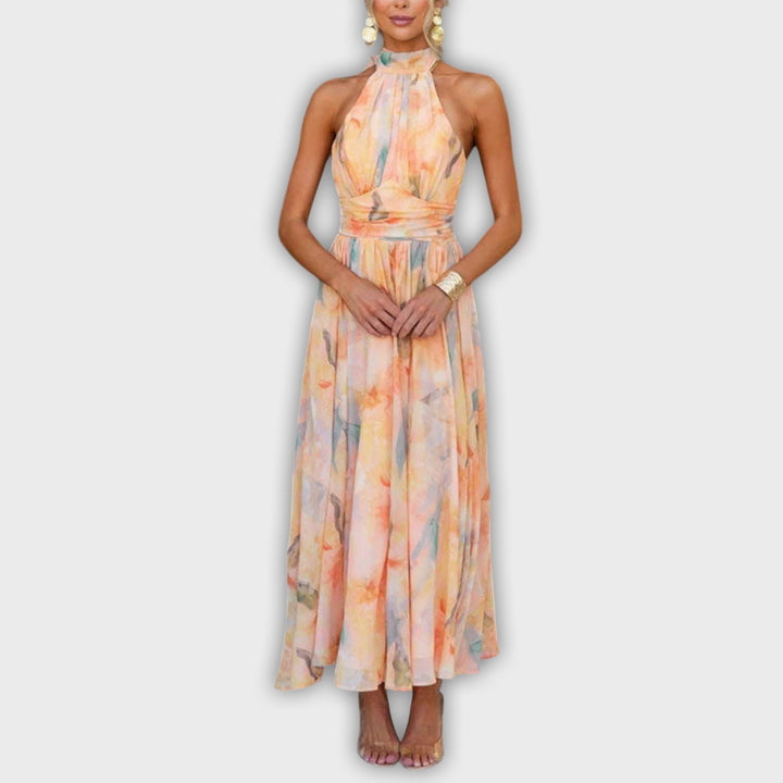 Vestido maxi con estampado acuarela y tirantes de collar