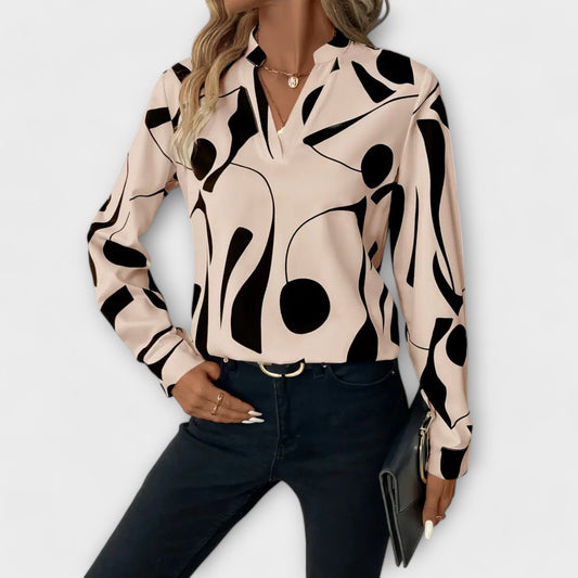 Camisa de manga larga con forma de V elegante y patrón geométrico