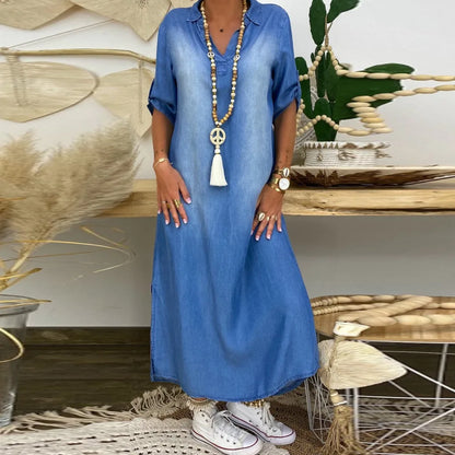Lea™ | Vestido largo estilo vaquero con aberturas en los lados
