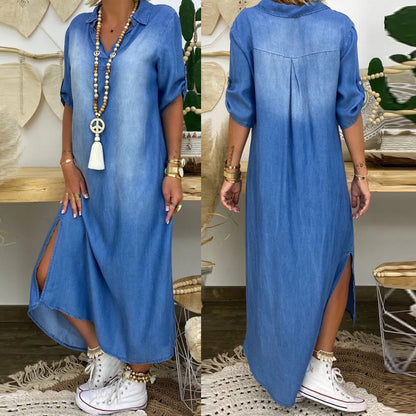 Lea™ | Vestido largo estilo vaquero con aberturas en los lados