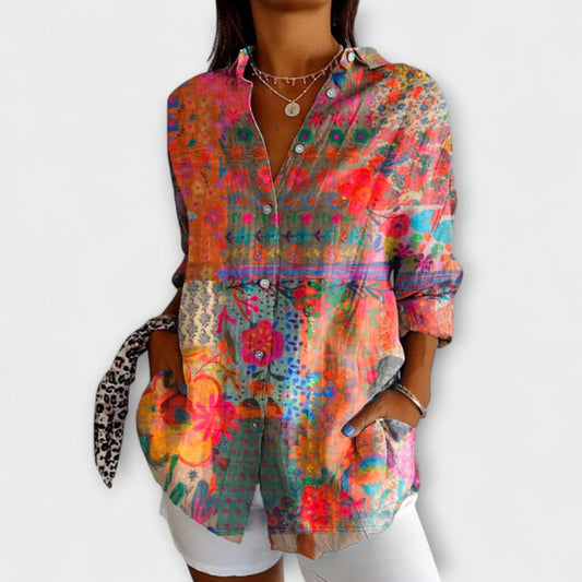 Camisa de botones femenina con estampado floral - mangas largas