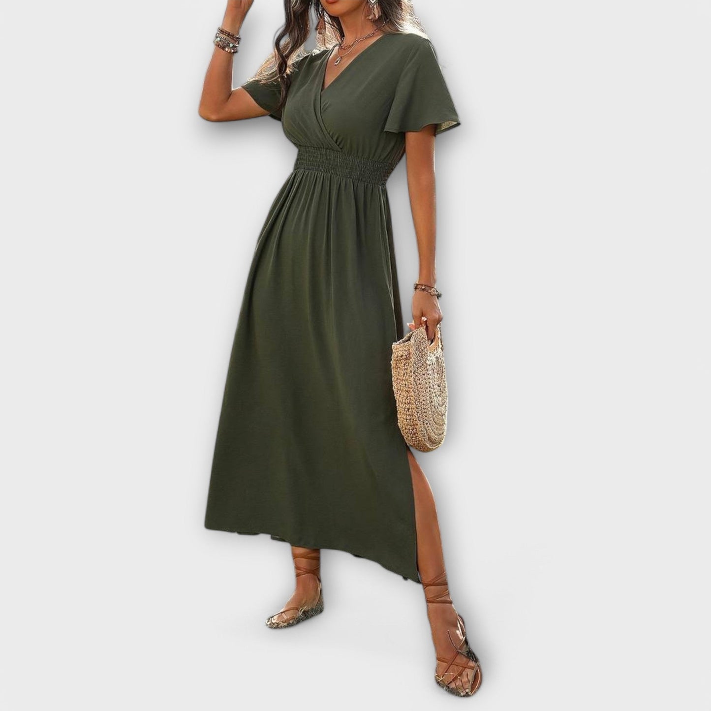 Vestido bohemio elegante con cuello en V y mangas largas