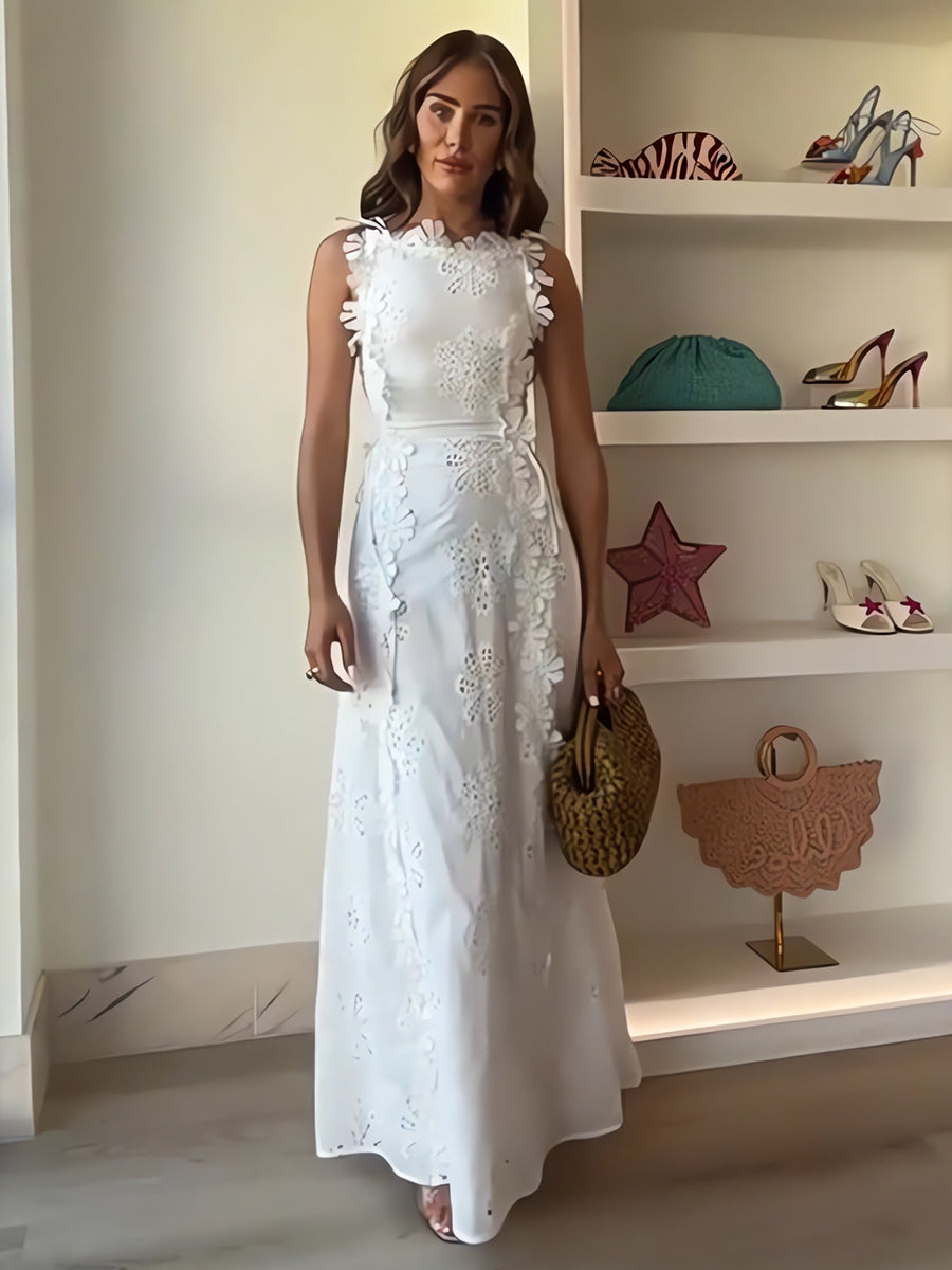 Éliora – Vestido largo con tirantes anudados y motivo floral en encaje