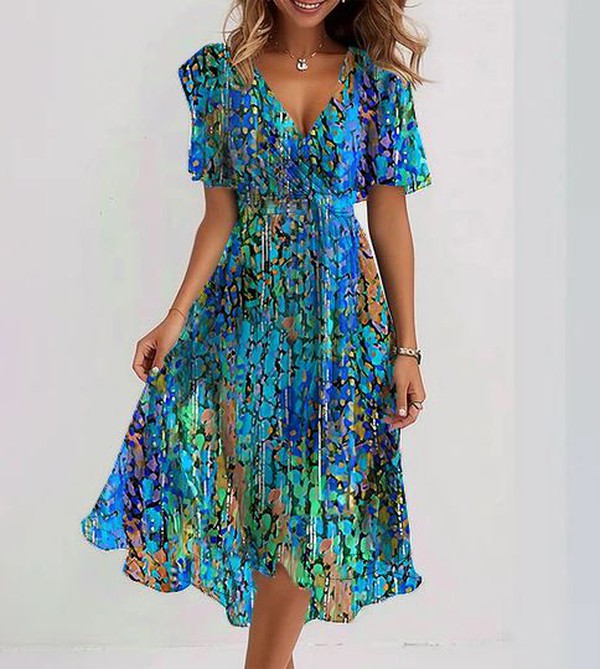 Clara - Vestido midi azul con mangas cortas