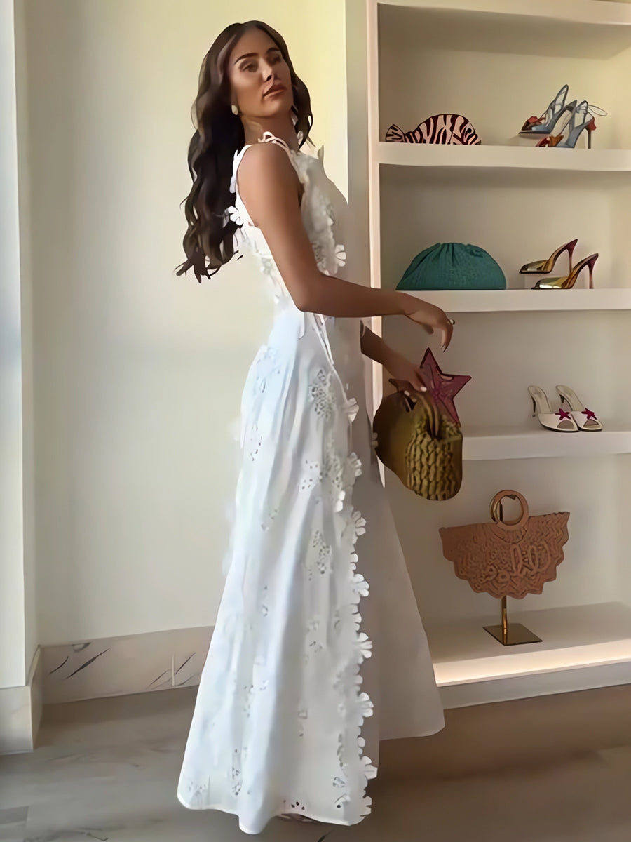 Éliora – Vestido largo con tirantes anudados y motivo floral en encaje