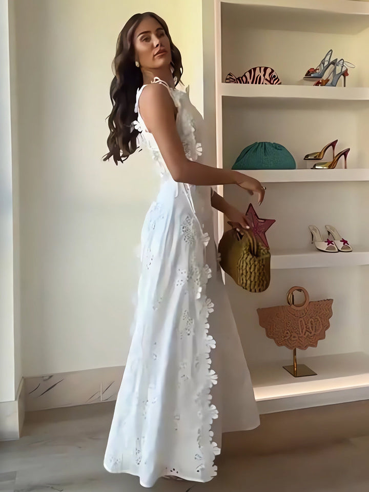 Éliora – Vestido largo con tirantes anudados y motivo floral en encaje