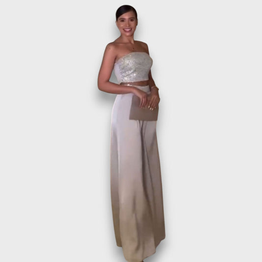 Regina – conjunto con top brillante y pantalones fluidos