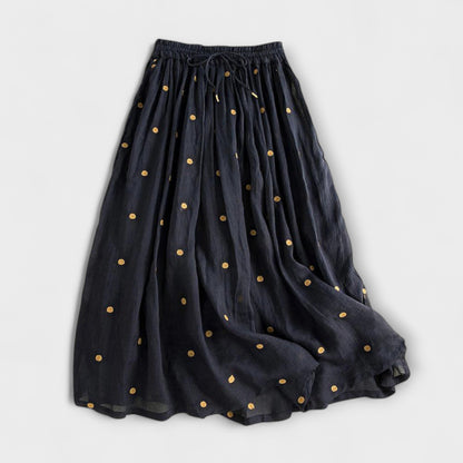 Falda maxi de lunares en mezcla de lino y algodón
