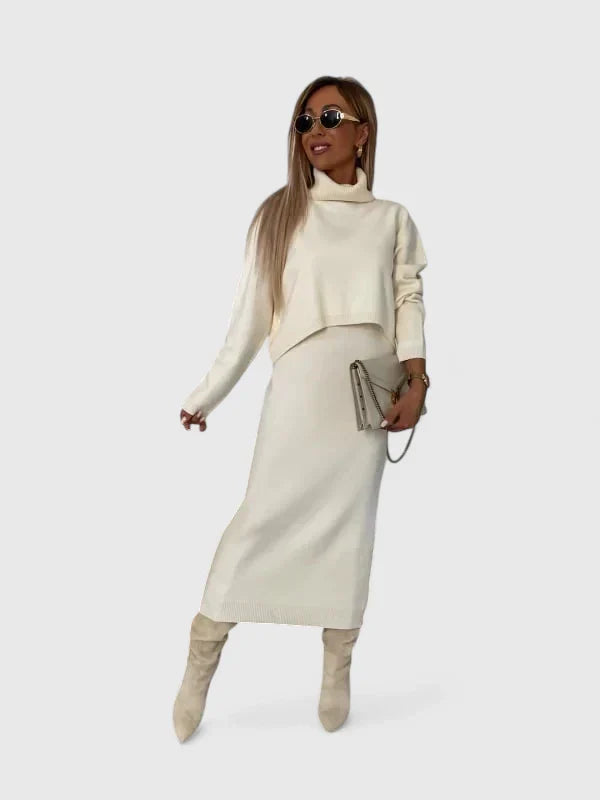 Chrystahl | Conjunto de Vestido Elegante y Suéter de Cuello Alto