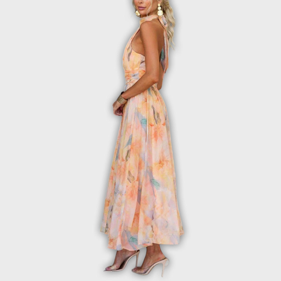 Vestido maxi con estampado acuarela y tirantes de collar