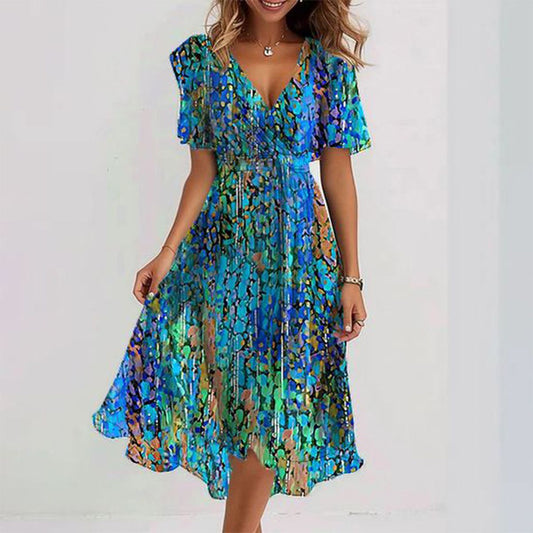 Clara - Vestido midi azul con mangas cortas
