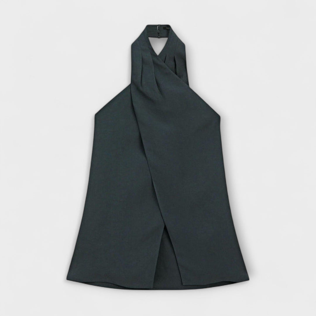 Top azul con cuello atado y corte en la espalda