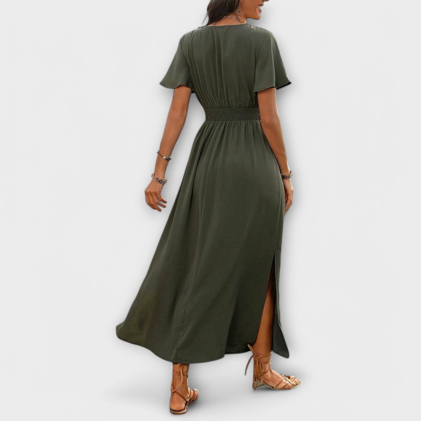 Vestido bohemio elegante con cuello en V y mangas largas