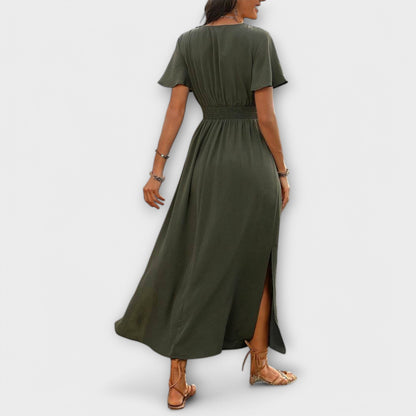 Vestido bohemio elegante con cuello en V y mangas largas