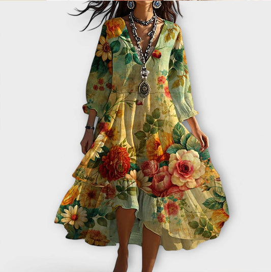 Vestido boho vintage con estampado de flores y cárdigan