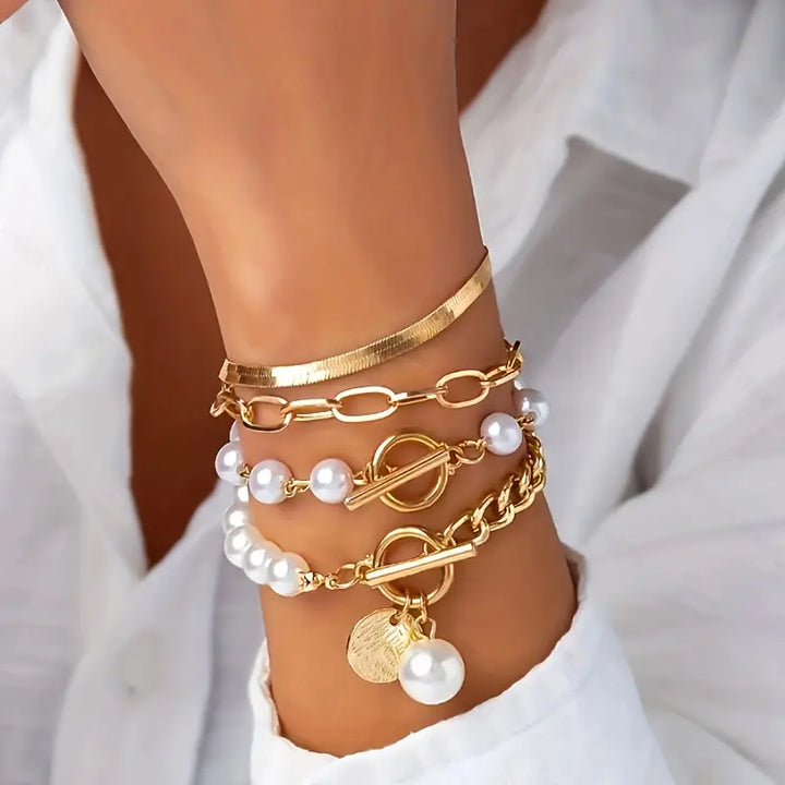 Juego de 4 pulseras Chic Gold – Serpiente, perlas y eslabones | Oro