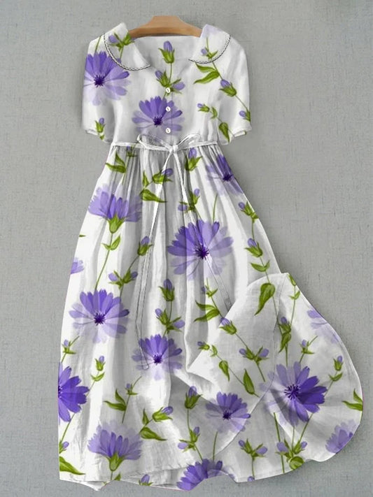 Sage - Vestido de flores vintage con tirantes en la cintura y mangas de longitud media