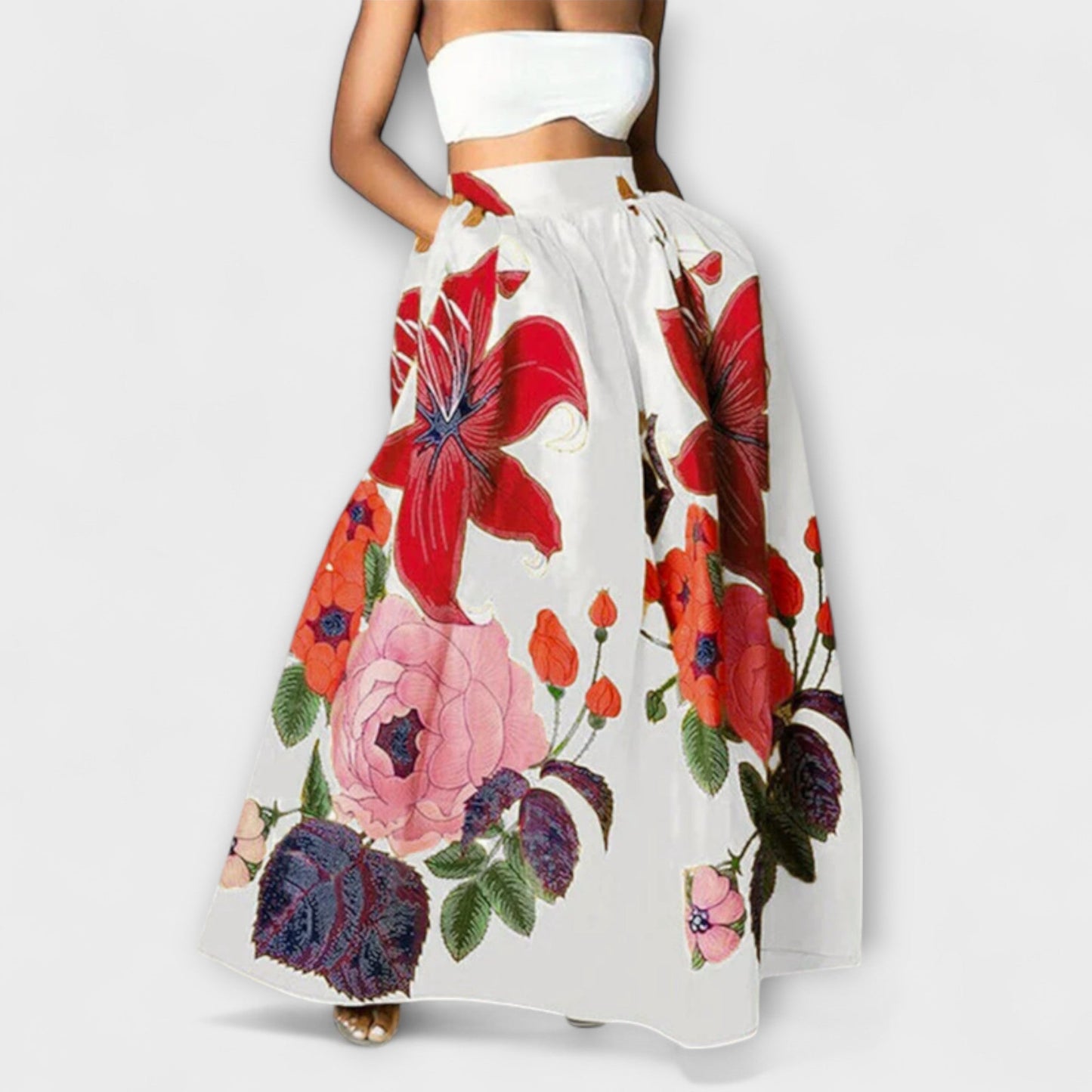 Falda maxi de cintura alta con estampado de flores