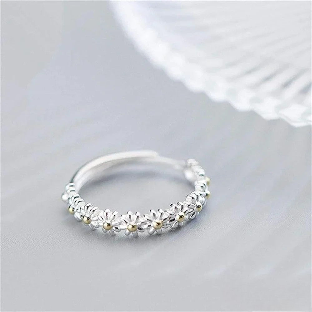 Anillo de plata ajustable con flor pintada a mano