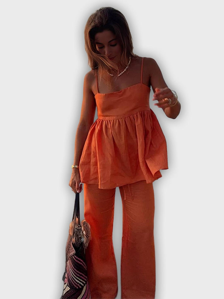 Conjunto de verano de dos piezas con top y pantalones anchos - apariencia elegante y relajada