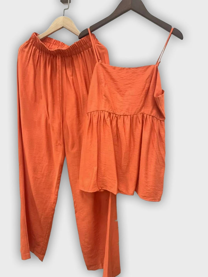 Conjunto de verano de dos piezas con top y pantalones anchos - apariencia elegante y relajada