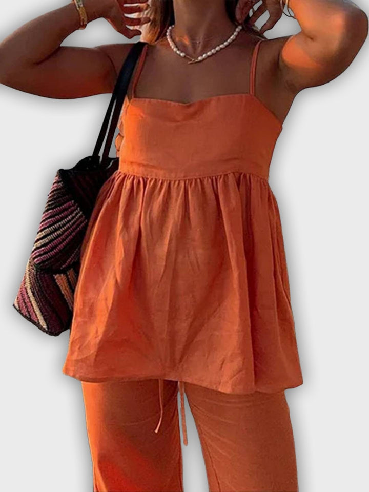 Conjunto de verano de dos piezas con top y pantalones anchos - apariencia elegante y relajada