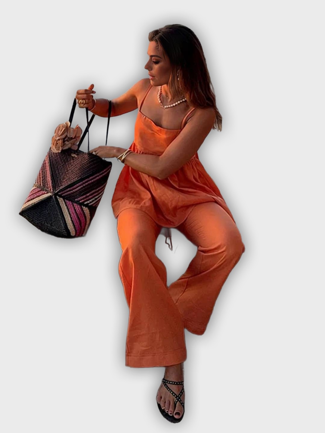 Conjunto de verano de dos piezas con top y pantalones anchos - apariencia elegante y relajada