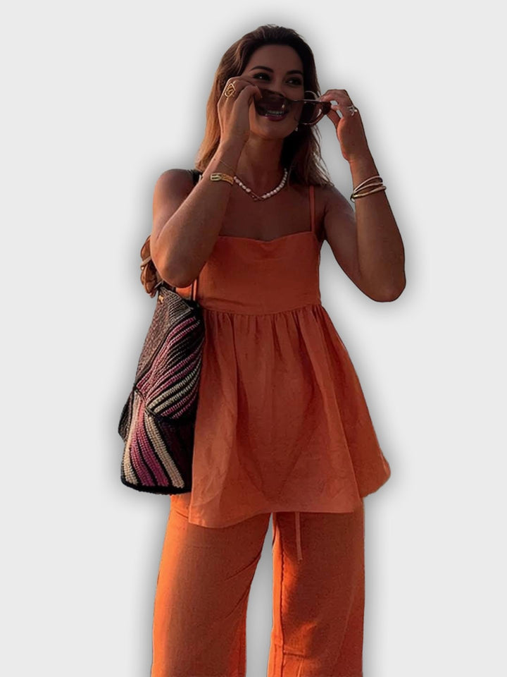 Conjunto de verano de dos piezas con top y pantalones anchos - apariencia elegante y relajada