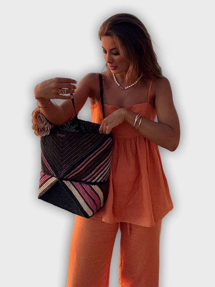 Conjunto de verano de dos piezas con top y pantalones anchos - apariencia elegante y relajada