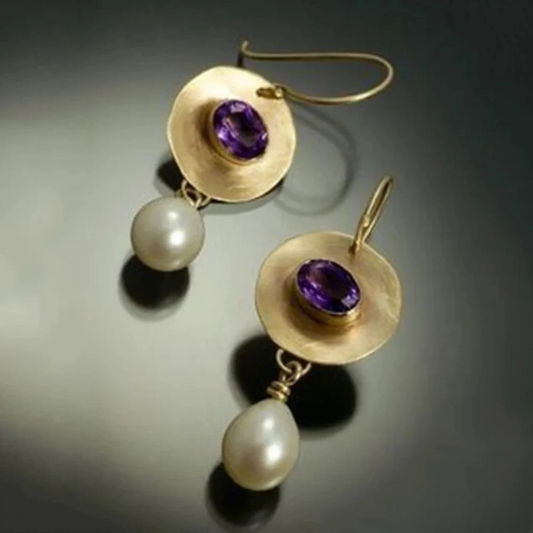 Pendientes de oro vintage con circonitas moradas y perlas