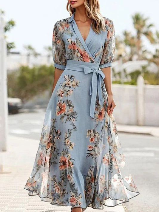 ELSIE | Vestido midi floral con cuello en V para una comodidad elegante