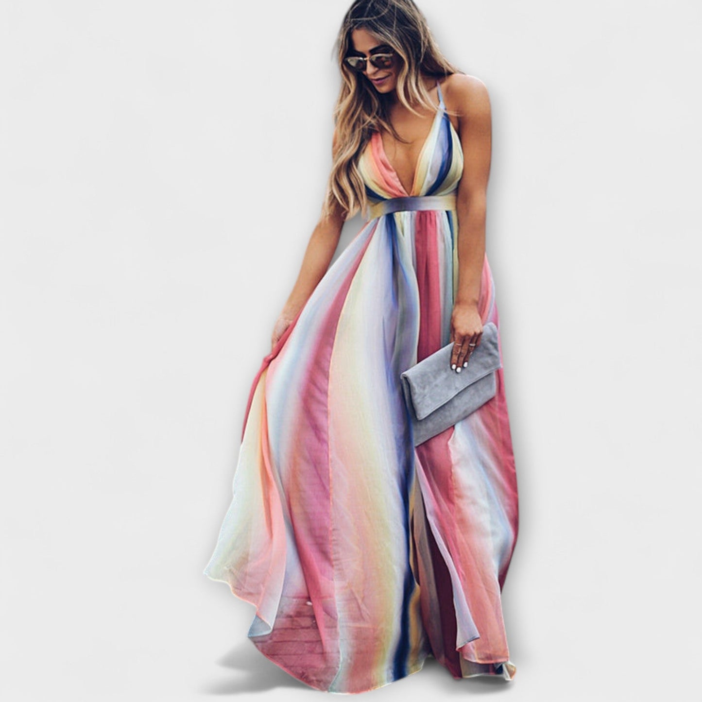 Vestido maxi con escote en V y rayas de colores