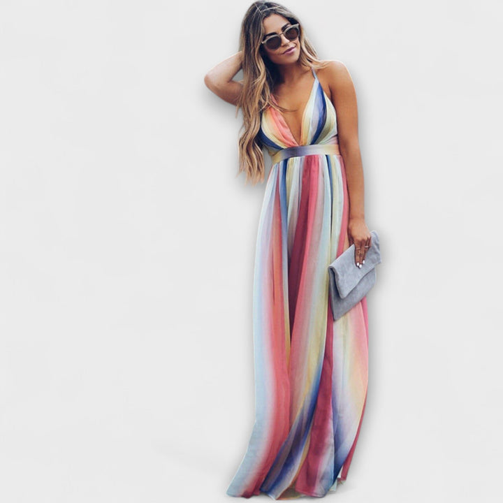 Vestido maxi con escote en V y rayas de colores