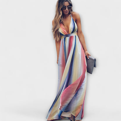Vestido maxi con escote en V y rayas de colores
