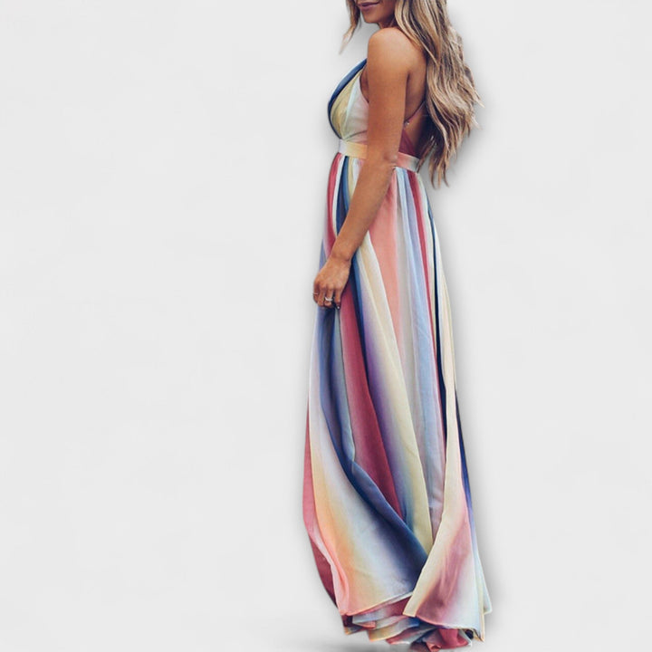 Vestido maxi con escote en V y rayas de colores