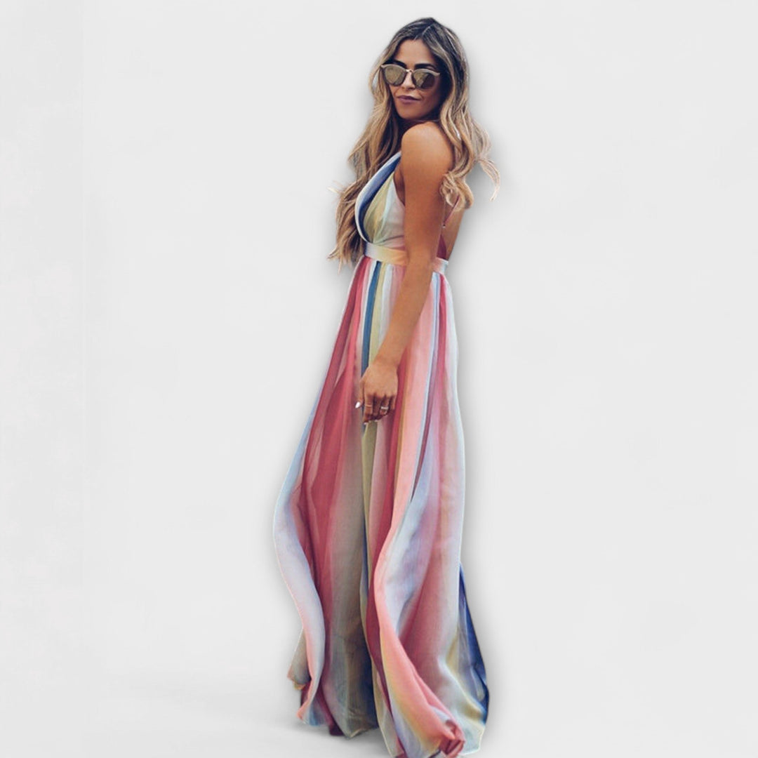Vestido maxi con escote en V y rayas de colores