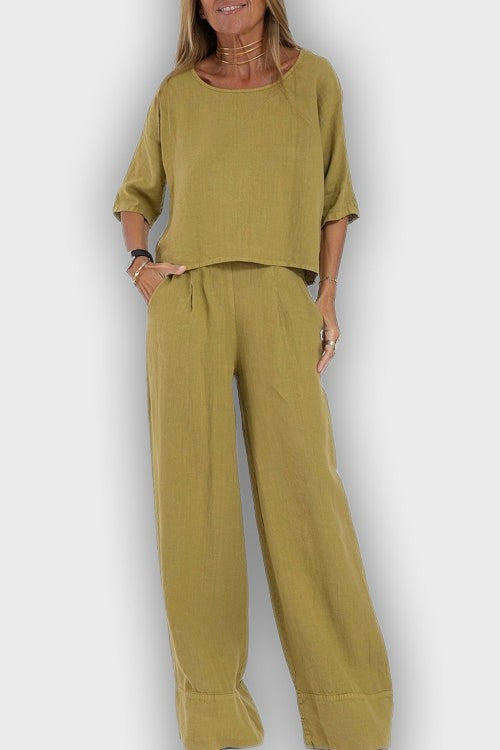 Conjunto elegante de algodón-lino para mujeres en dos piezas