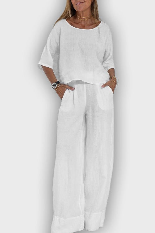 Conjunto elegante de algodón-lino para mujeres en dos piezas